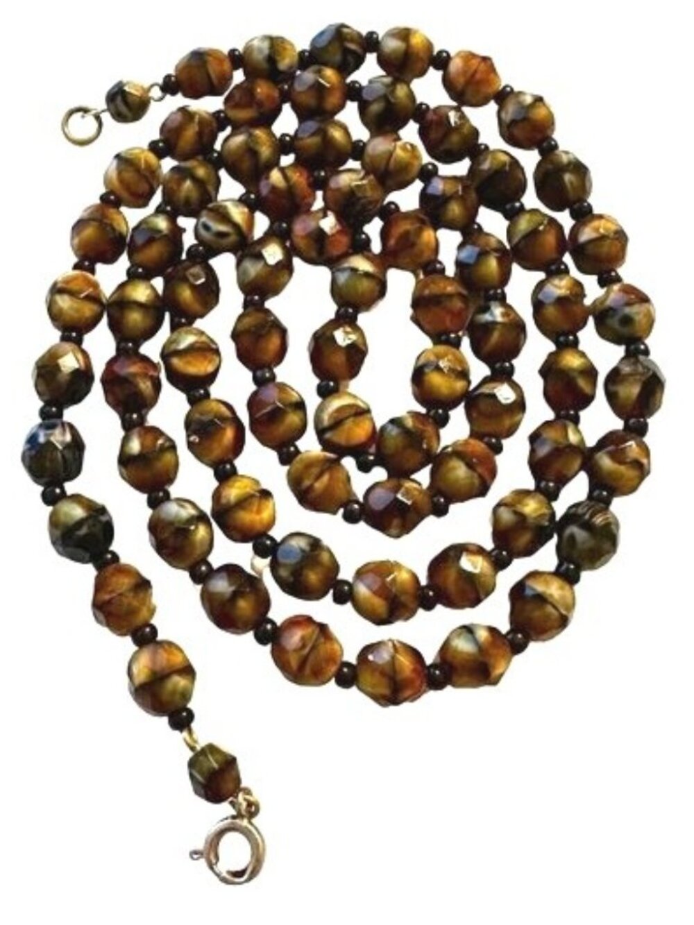 Vintage Beaded Necklace Simulated Tiger's Eye Brown Black 30 Inch Length C Clasp